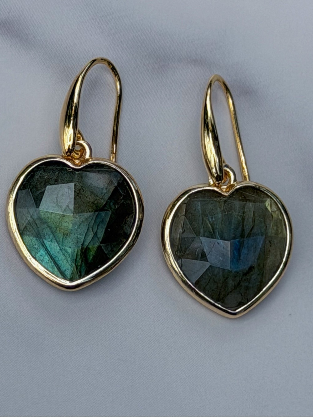 Natural Labradorite Heart Drop Earrings Gold Plated Blue Flash
